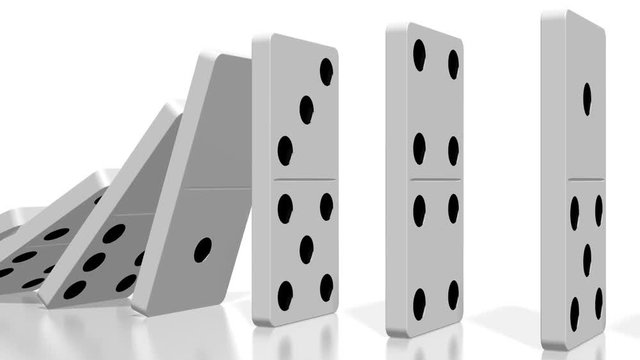 3D domino effect animation - falling white tiles with black dots.