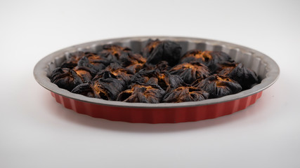 burnt cake with mushrooms