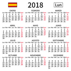 Spanish calendar 2018, Monday