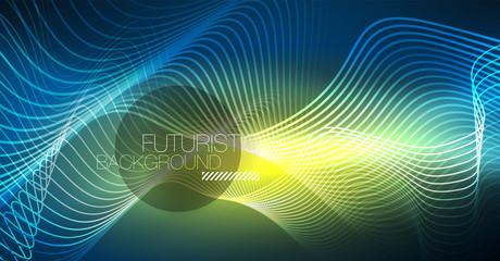 Glowing abstract wave on dark, shiny motion, Christmas and New Year magic space light. Techno abstract background