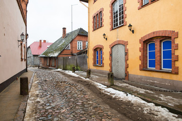 Old town buildings, street and urban view. Winter and snow. Travel photo 2018.