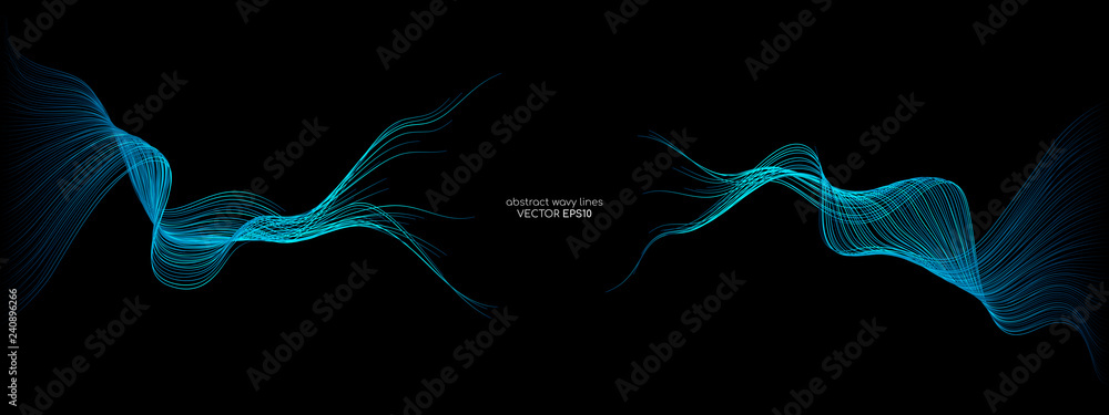 Poster Abstract vector wave lines green and blue colors isolated on black background for design elements in concept technology, modern, science. A.I.