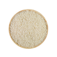 Jasmine dry rice in wooden bowl isolated on white background. Healthy food, Top view.
