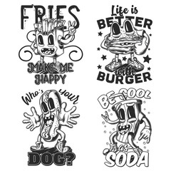 Set of labels with funny fries, burger, hot dog and soda characters. Logo design. hand drawn illustration. Isolated on white background.