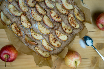 Cooked apple pie and ingredients pie from above