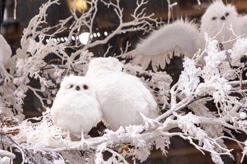 Cute White Polar Owls Toys On Snow-covered Branches Of Christmas Tree.