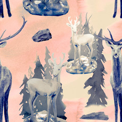hand drawn watercolor seamless pattern with deer