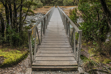 Fototapeta na wymiar footbridge at walking track to Devil's Punchbowl Waterfall at Arthur's Pass National Park, South Island, New Zealand