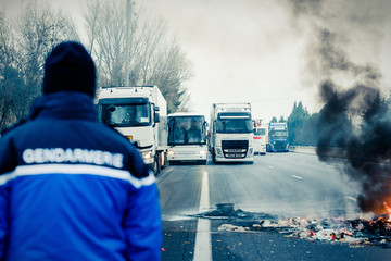 camion bloqués sur autouroute- de dos un gendarme face aux camions - obrazy, fototapety, plakaty