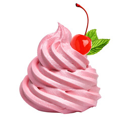 Whip soft strawberry cream or frozen yogurt with maraschino cherry and mint isolated on white...