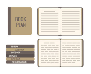Book plan. Vector flat illustration isolated on white. Top view, open pages, abstract text line, hardcover
