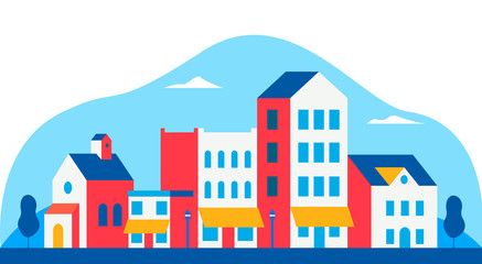 Trendy vintage urban landscape. City with traditional buildings and houses, trees. Modern concept vector illustration