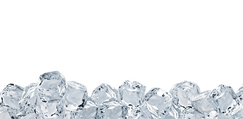 Melted clear ice cubes pile isolated on white background	