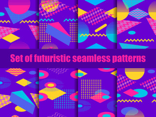 Futuristic seamless pattern set. Geometric elements memphis in the style of 80s. Retro background great for brochures, promotional material and wallpaper. Vector illustration