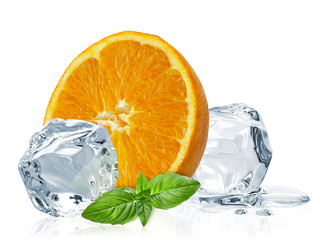  Ice cubes with orange / ice cubes, orange and basil leaves isolated on white background