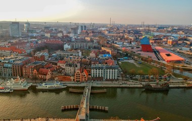 Fototapeta na wymiar Gdansk Old Town and Motlava river aerial view