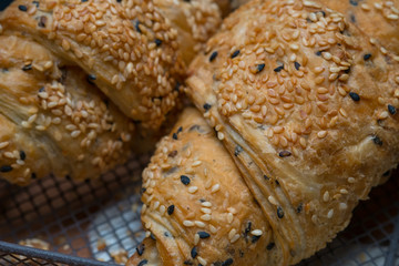 Close-up view of the sesame seed croissants