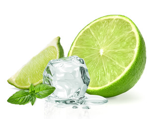  Ice cubes with lime / lime and basil leaves isolated on white background