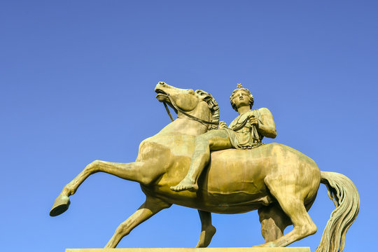 Close up of the equestrian statue of the Dioscuro Pollux, created by the artist Pelagio Palagi in 1847 and located on the gate of the Royal Palace of Turin, Piedmont, Italy