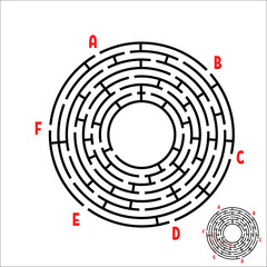 Black round maze. Game for kids. Children's puzzle. Many entrances, one exit. Labyrinth conundrum. Simple flat vector illustration isolated on white background. With place for your image.