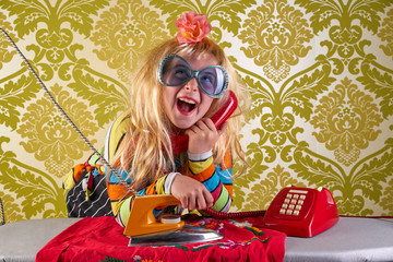 Funny housewife kid girl iron chores retro