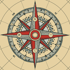 Hand-drawn vector banner with a wind rose and old nautical compass in retro style. Illustration on the theme of travel and discovery on the background of old map