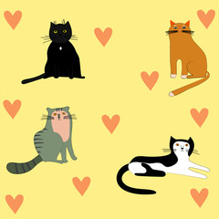 Cute vector cats on beige background with hearts.  Print design for poster or t-shirt.