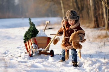 Child in winter. Fun little boy in the snow. The child is playing outside. Winter background....