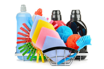 Cleaning products isolated on white background