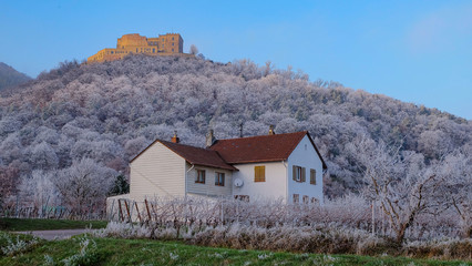 Weißes Haus mit Hambacher Schloss im Winter