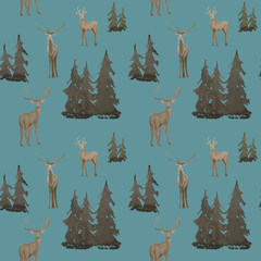 winter seamless pattern with fir trees and deer in forest