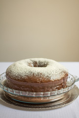Chocolate Cake on a glass plate in the white table