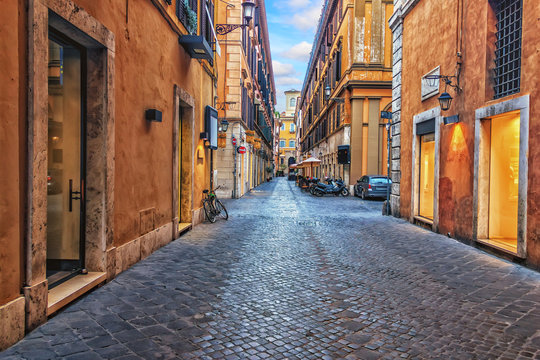 Fototapeta Narrow Rome street in the downtown, Italy, no people