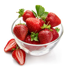 Berry strawberry with green leaf in glass dish fruit cut still