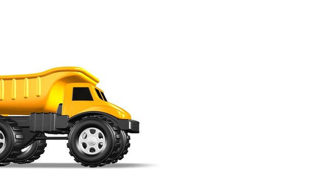 Yellow 3D Toy Dump Truck Rolls into Frame and Bed Lifts Animation 4K