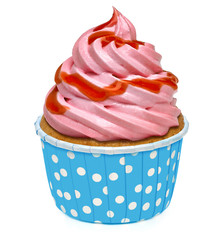 Cupcake with squeezed whip strawberry butter cream and sauce or sherbet icing isolated on white background