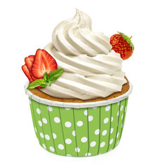 Cupcake with whip vanilla butter cream icing isolated on white background