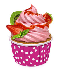 Cupcakes with whip strawberry cream with sauce or sherbet icing isolated on white background