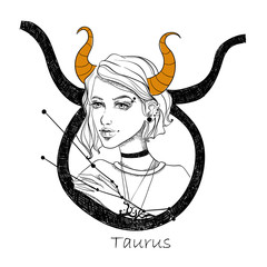 Zodiac sign Taurus. Beautiful girl with horns on white isolated background. Zodiac constellation. Vector illustration