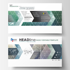 Business templates in HD format for presentation slides. Abstract layouts in flat design, vector illustration. Chemistry pattern, hexagonal molecule structure. Medicine, science, technology concept.
