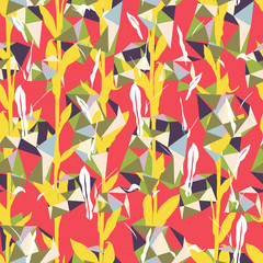 Fototapeta na wymiar Floral pattern with bright leaves and geometric motif