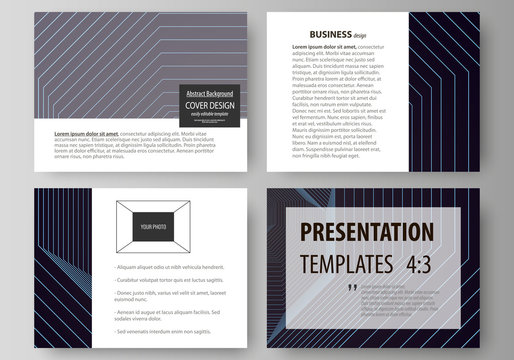 Business templates for presentation slides. Vector layouts in flat style. Abstract polygonal background with hexagons, illusion of depth. Black color geometric design, hexagonal geometry.