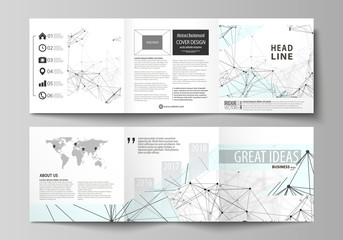 Business templates for tri fold square design brochures. Leaflet cover, abstract vector layout. Chemistry pattern, connecting lines and dots, molecule structure on white, geometric graphic background.