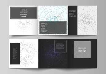 The black colored vector layout of covers design templates for trifold square brochure or flyer. Network connection concept with connecting lines and dots. Technology design, geometric background.