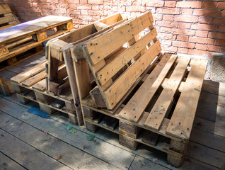 Benches made from old wooden storage pallets