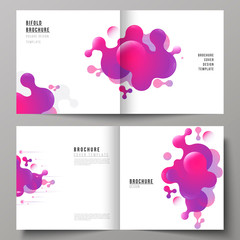 The black colored vector layout of two covers templates for square design bifold brochure, magazine, flyer, booklet. Background with fluid gradient, liquid pink colored geometric element.