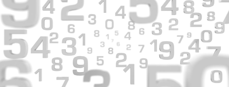 3D Illustration - Flying Numbers grey with white background