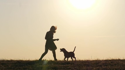 Silhouettes of adorable girl playing running with her cute dog during sunset