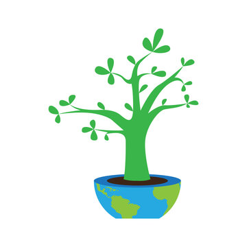 Plant on a flower pot with an Earth map. Earth day. Vector illustration design