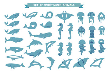 Set of underwater animals - whale, dolphin, jellyfish, manta ray, seahorse - obrazy, fototapety, plakaty